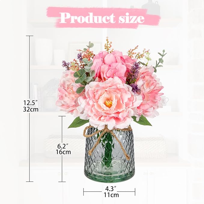 Briful Faux Flower Arrangements Artificial Peony Hydrangea Silk Flowers with Glass Vase Realistic Fake Potted Floral Bouquet for Home Offices Weddings Parties Table Centerpieces Décor (Pink)