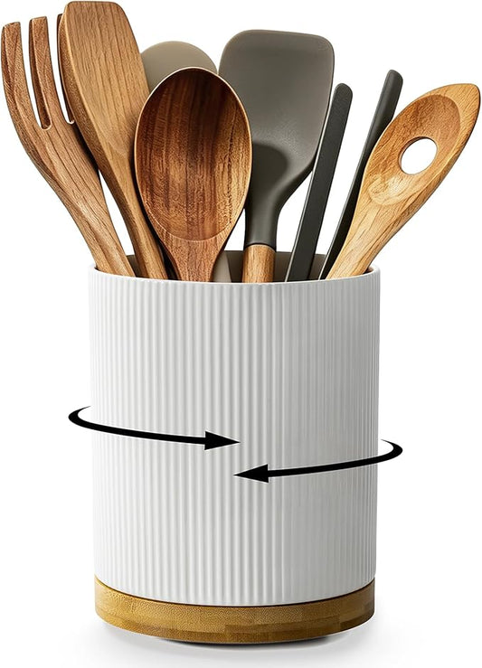 360° Rotating Utensil Holder for Kitchen Countertop, 7.76" Kitchen Utensil Holder, Rotating Utensil Crock, Extra Large Ceramic Utensil Holder for Kitchen (White)