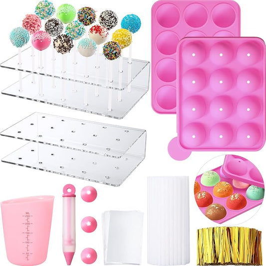Cake Pop Maker Set, 12-Hole Silicone Cake Pop Mold with Lollipop Sticks, 15-Hole Acrylic Lollipop Holder, Measuring Cup, Decorating Pen, 4 Piping Tips, Flat Pockets, Twist Ties