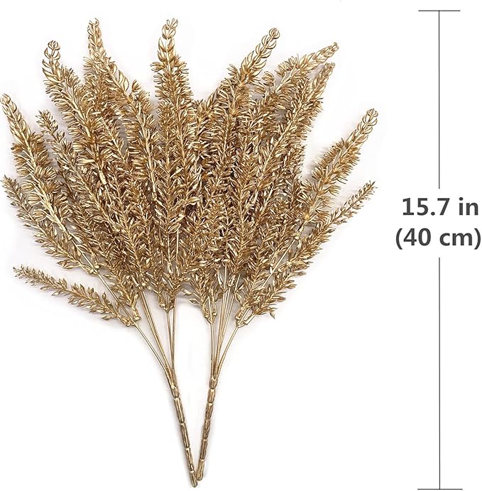 CATTREE Christmas Artificial Golden Plants, Plastic Grass Faux Shrubs Fake Lavender Leaves Simulation Wheat Ears Bushes Home Indoor Wedding Party Decoration Hall Table Planter Filler - Gold 4 Pack