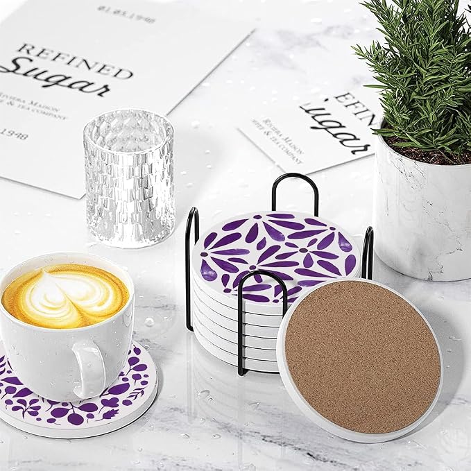 Drink Absorbent Coasters with Holder Set of 6, Ceramic Stone with Cork Base, Modern Purple Abstract Geometric Coaster for Drinks, Gift for Housewarming Room Bar Home Decor Kitchen