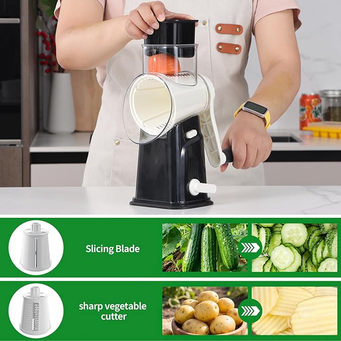 Ourokhome Rotary Cheese Grater Cheese Shredder with 5 Interchangeable Blades, Rotary Grater with Non-slip Suction Base Hand Crank Slicer for Vegetable Nuts Black