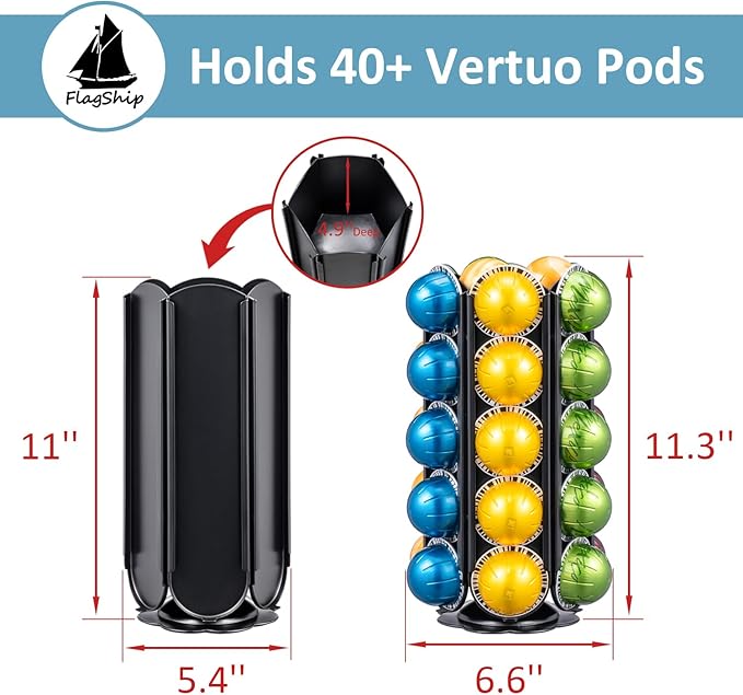 FlagShip Coffee Pod Holder for Nespresso Vertuo Pods Organizer,360 Degrees Revolving Pod Carousel Extra Storage Space,Vertuo Pod Stand Black Metal(40+ Pods Capacity)