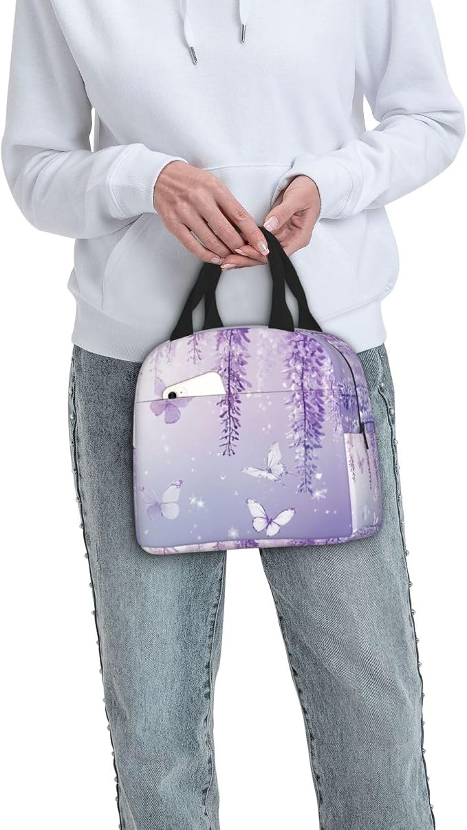 Lunch Bag Lavender Butterfly Light Purple Flower Insulated Lunch Box Reusable Cooler Tote for Adults Student Girl Boy Work Office School Picnic Over 3 Years Old