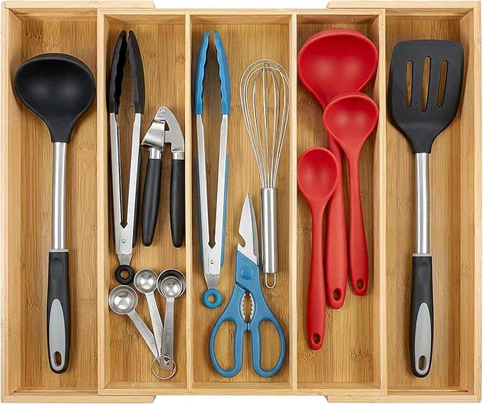 Bamboo Expandable Kitchen Drawer Organizer, 13.4" to 20.5" Adjustable Flatware Tray for Utensils, Kitchen Tool Drawer Divided Organizers, Bamboo Silverware Organizer, Cutlery Tray