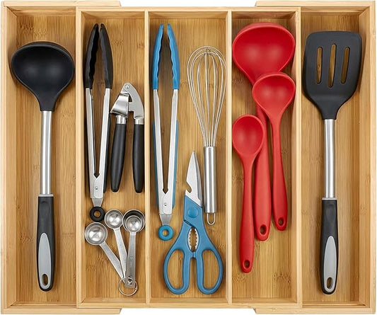 Bamboo Expandable Kitchen Drawer Organizer, 13.4" to 20.5" Adjustable Flatware Tray for Utensils, Kitchen Tool Drawer Divided Organizers, Bamboo Silverware Organizer, Cutlery Tray