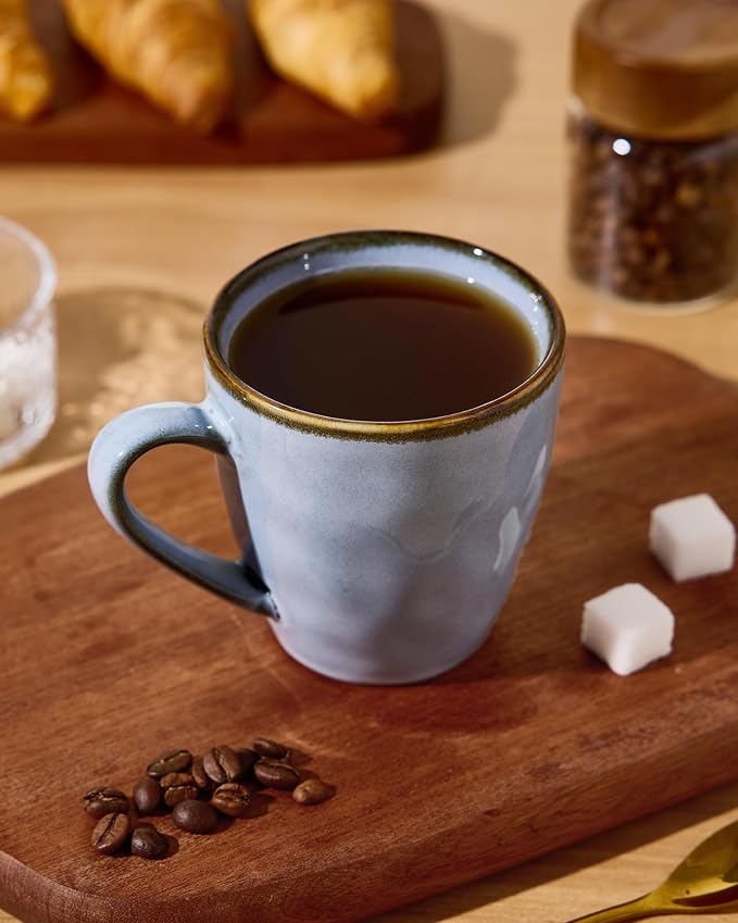 famiware Coffee Mugs Set of 6,Ocean Round 11.5oz Coffee Cup Set with Handle for Cocoa, Milk, Hot Chocolate, Tea or Water, Stoneware Cups for Kitchen, Reactive Glaze, Microwave Dishwasher Safe, Blue