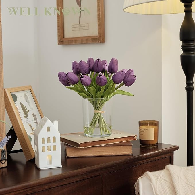 WELL KNOWN 20 Pcs Tulips Artificial Flowers in Vase, Real Touch Fake Purple Tulips Flowers with Glass Vase & Fake Water, Flower Arrangement Centerpiece for Wedding Party Dining Table Home Decor & Gift
