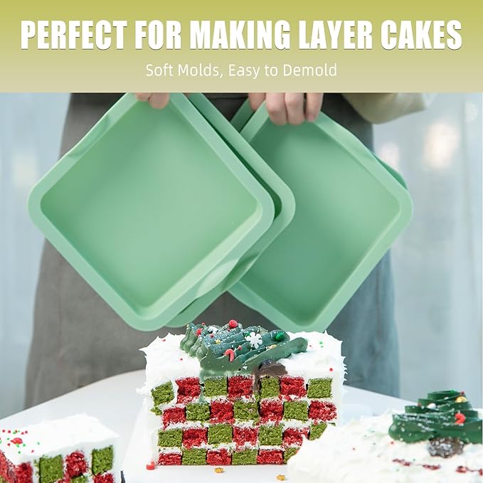 QELEG 4Pcs Square Shaped Cake Pans,6 inch Silicone Pancake Mold,layer Cake Pan Sets for Jumbo Whoopie Pie, Vegetable Pancakes, Taco Shells, Pizza Crust, Omelet, and Resin Craft(Square)