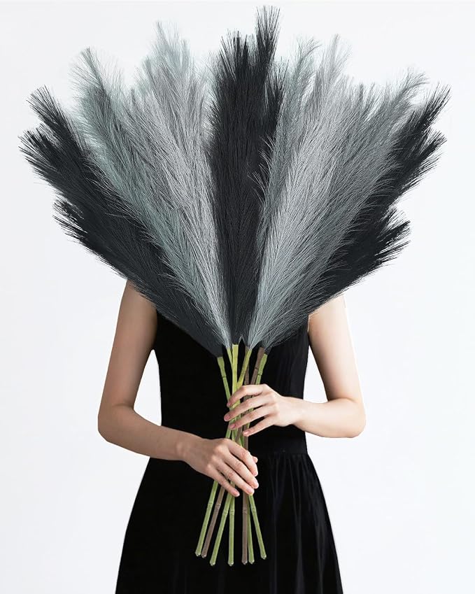 TORONTOKYO 8Pcs Black and Grey Faux Pampas Grass Tall Decor, 35.4” Fluffy Artificial Pompous Grass Branches, Large Pampas Grass Reed Stems for Floor Vase Filler, Wedding, Baby Shower, Home Boho Decor
