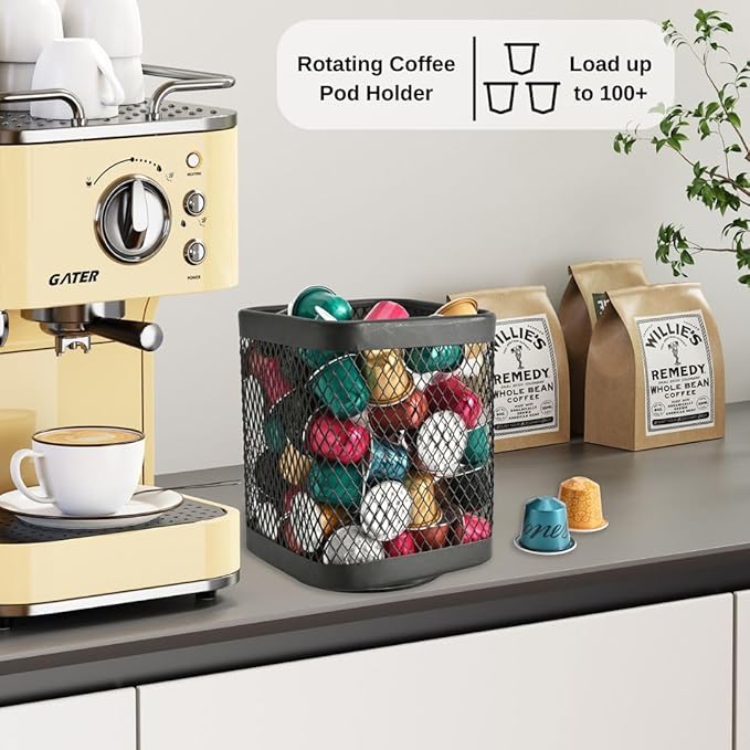 IBERG Rotating Coffee Pod Basket, 360° Spinning Mesh Metal Organizer for Coffee Station & Kitchen Counter (Black Square)