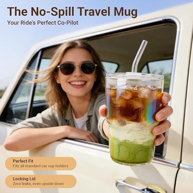 Luxfuel 16 oz Glass Tumbler with Lid & Straw, Reusable Iced Coffee Cup & Smoothie Cup, Leak-Proof Borosilicate Glass for Coffee, Iced Tea, Water – 2 Pack, Ideal for Office, Home & Travel, Amber