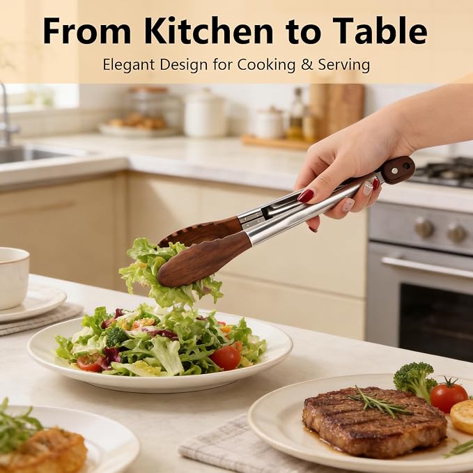 Wooden Tongs for Cooking, Stainless Steel Salad Tongs with Walnut Wood Tip, Multifunctional Stainless Steel Handle Kitchen Tong for Serving Food, Bread, BBQ, Tossing Salad(COLOR:2 pcs)