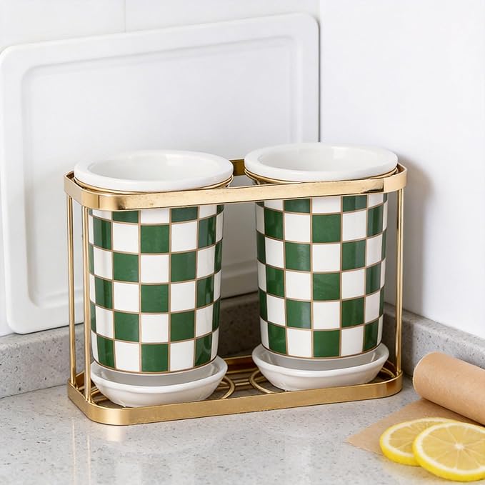 Multi-functional Ceramic Checkered Utensil Crocks,Kitchen Utensil Storage, Bathroom Checkered Bathroom Toothbrush Holder, Flatware Organizer & Home Accessory