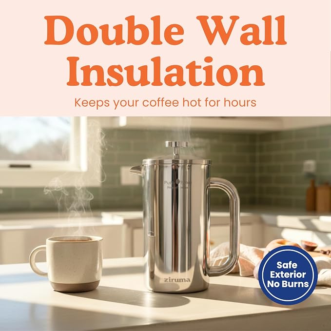 Ziruma Non-Toxic Stainless Steel French Press, No Plastic or Heavy Metals, 34 oz (Pack of 2)