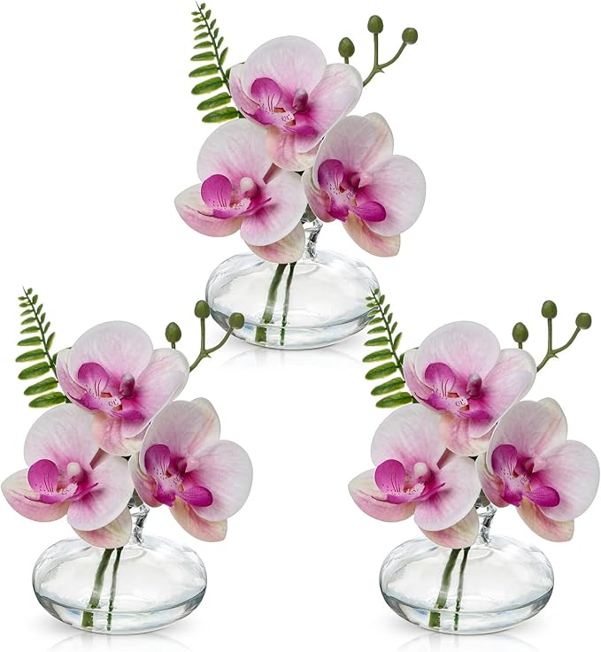 Oairse Pink Orchids Artificial Flowers Faux Orchids Arrangement in Clear Glass Vases Set of 3 Real Touch Phalaenopsis Orchid Flowers Small Fake Orchid Centerpiece for Dining Room Table