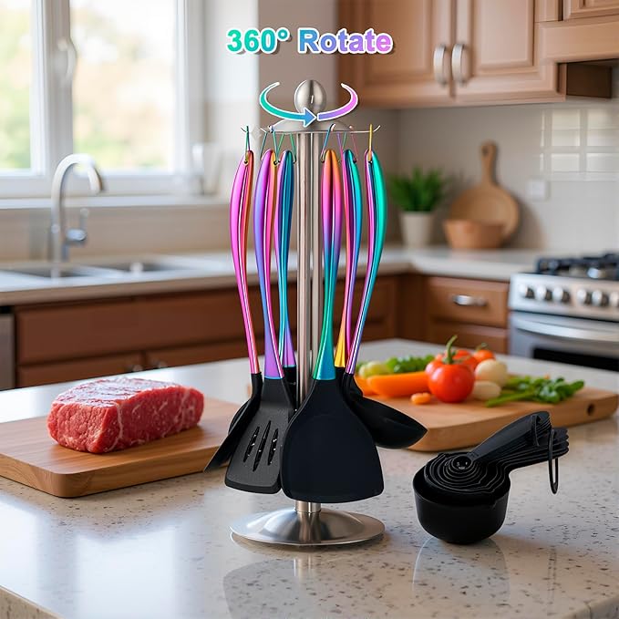 Silicone Cooking Utensils Set, 17pcs Kitchen Utensil Set with Rotatable Holder, Heat-Resistant Silicone Utensils for Cooking, Non-Stick Spatula Set with Stainless Steel Handle,Turner,Ladle (Rainbow)