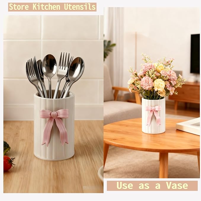 Handmade Pink Bow Ceramic Utensil Holder, 3D Coquette Cooking Utensil Crock with Scalloped Edge, Stable & Easy to Clean Kitchen Storage Caddy Organizer Vase Decor for Countertop Housewarming Gift