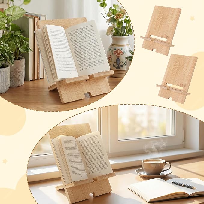 4-Pack Bamboo Book Display Stand, Adjustable Wooden Cookbook Holder & Plate Easel for Display, Splinter-Free Recipe Book Stand for Kitchen Counter, Tablets, Photos, Textbook, Art (6.6x3.9”)