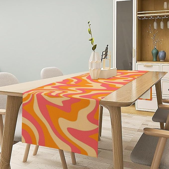 Retro 70s Groovy Table Runner,Vintage Abstract Modern Art Orange Boho Spiral Swirl Waves Farmhouse Country Dinner Runner for Home Kitchen Dining Table Party Holiday Decor 13"x36"