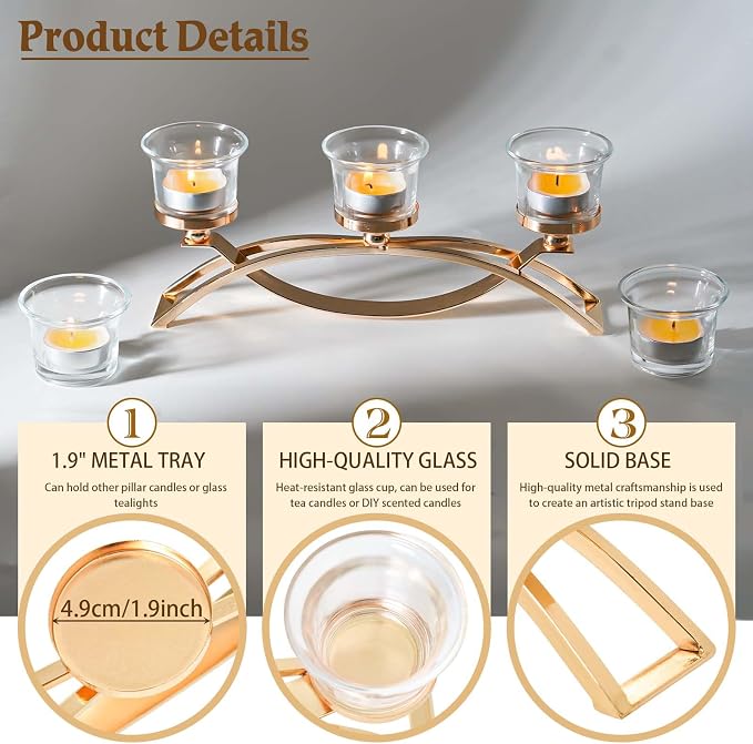 3-Arm Metal Tea Light Candle Holder Set with 5 Glass Cups, Votive Candle Holders Centerpiece Candelabra for Wedding Table Decor, Home Gatherings and Holidays (Gold, 5 Cups)