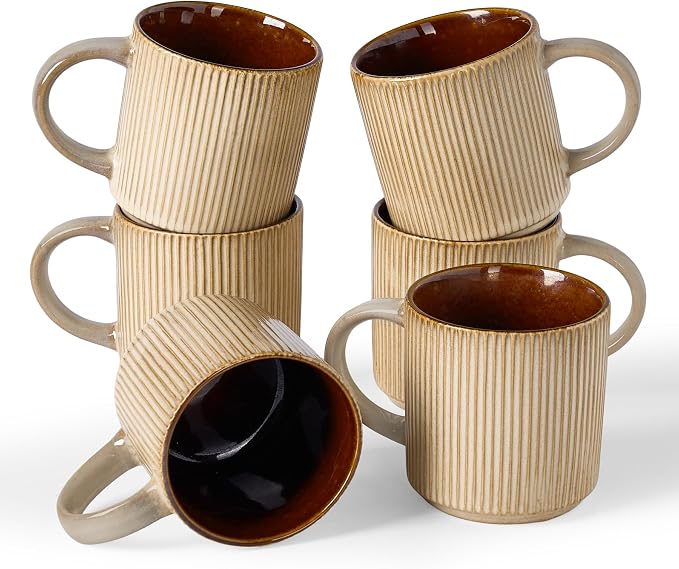 famiware Coffee Mug Set for 6, Star 12 oz Catering Mugs Cup Set with Handle for Coffee, Tea, Cocoa, Milk - Ceramic Stoneware Drinkware Set, Cream Cocoa