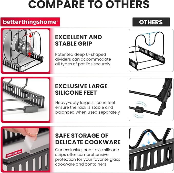 Better Things Home 12 Adjustable Dividers, Pan Pot & Bakeware Rack, Anti-Scratch Silicone Protection, Expand or Separate, Cabinet Countertop Pantry Organizer Rack (Large 8" W, Dark Grey)
