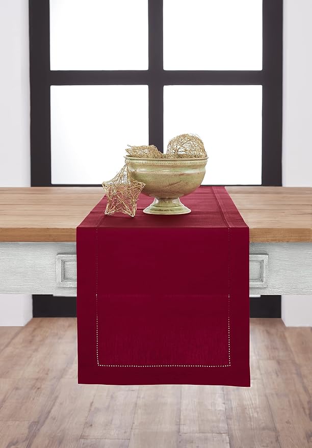 Solino Home Cotton Linen Red Table Runner 72 Inches Long - Hemstitch Table Runner 14 x 72 Inch for Dresser, Dining and 4th of July