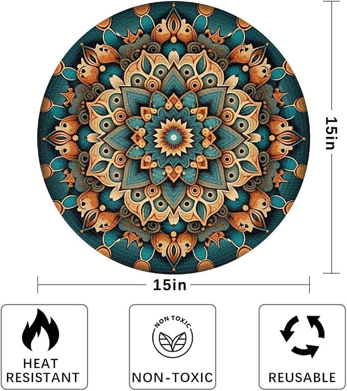 Round Placemats Set of 6, Ethnic Floral Mandala Flowers Pattern Woven Placemats Mats Non-Slip Heat Resistant Washable Table Mats Round Braided Place for Farmhouse Kitchen Dining Party Decor 15in