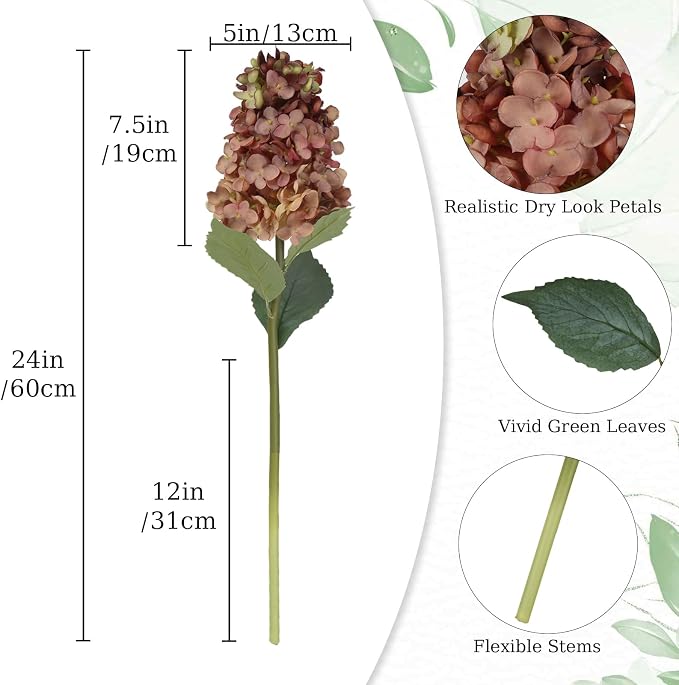 Faux Silk Fall Flowers 4PCS Hydrangea Artificial Flowers That Look Like Real Dried Hydrangeas 24” Sing Long Stem Fake Flowers for Wedding Bouquet Home Party Table Floral Arrangement Decor (Brown)