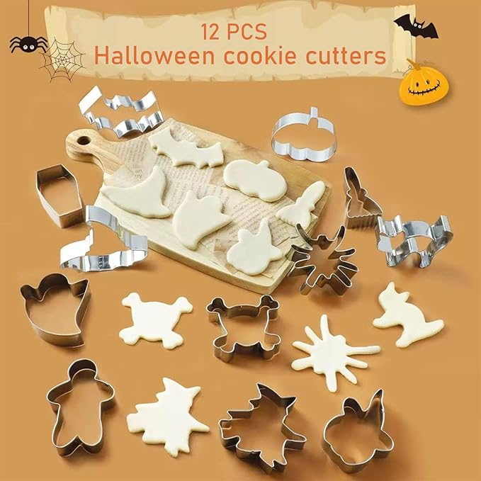 12 Pcs Halloween Cookie Cutters Set, Cat, Bat, Owl, Ghost, Pumpkin, Witch hat, Broom, Spider, Spider Web, Coffin, Tombstone Shape, Stainless Steel Metal Biscuit Molds for Baking or Party Decorations