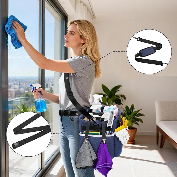 Ytonet Extra Large Cleaning Caddy Bag with 4 Foldable Dividers, Wearable Cleaning Caddy Organizer with Handle & Shoulder Strap & Waist Strap, Housekeeping Tote for Cleaners, Blue