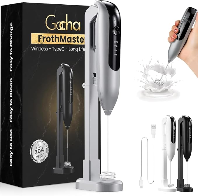 GOCHA Rechargeable Milk Frother, USB-C Electric Milk Foamer Handheld, Double Spring Whisk, 2-Speed Foam Maker for Coffee, Latte, Cappuccino, Matcha, Hot Chocolate, Stand Included (Silver)