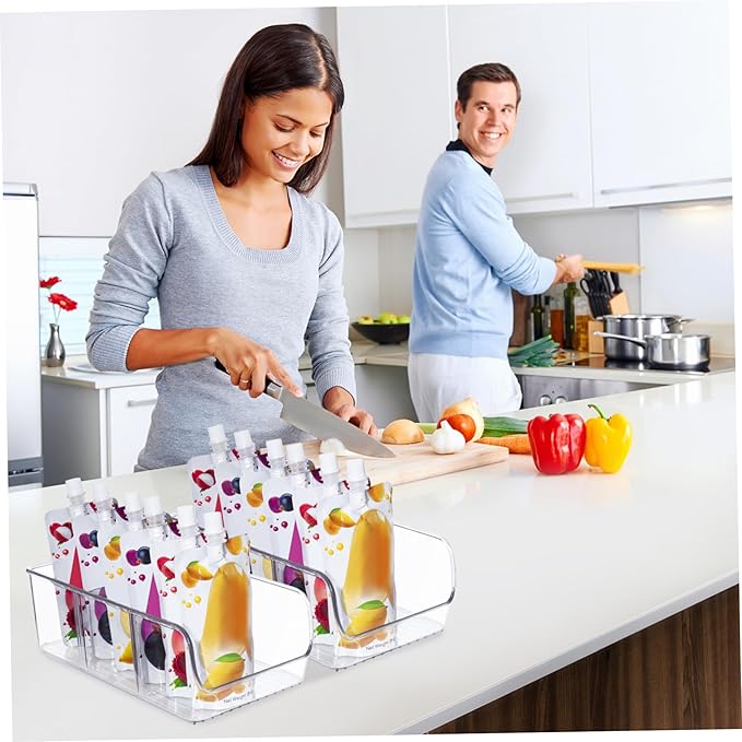 Snack Containers for Pantry, 2PCS 11x5.5x3.5 Snack Storage with Removable Dividers, Clear Plastic Bin, Stackable Organizer for Office, Fridge, Cabinet, Kitchen Containers