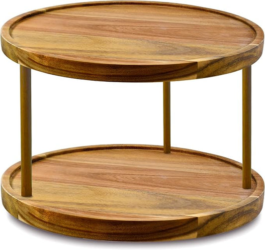 10" Two-Tier Acacia Wood Lazy Susan Organizer Kitchen Turntable for Cabinet Pantry Table Organization