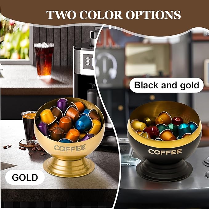 Coffee Pod Holder, Black & Gold Metal Coffee Pod Storage, Capsule Container Bowl, Coffee Pod Organizer for Kitchen Counter and Office Desktop (Black+Gold)