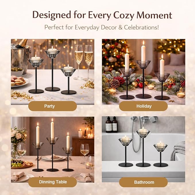 Smytle Smoke‑Gray Candlestick Holders, Set of 3 Smoked Glass Candleholder Sets with Weighted Metal Base, Modern Minimalist Taper Candle Holders for Fireplace Mantel and Table Decor