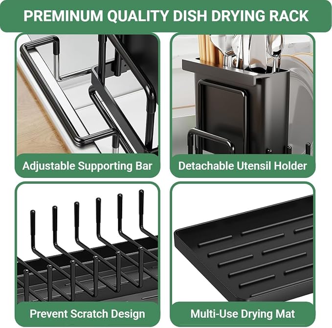 Small Dish Drying Rack in Sink, Expandable Dish Rack Over Sink with Silicone Drying Tray, Rustproof Compact Dish Drainer for Kitchen Counter with Utensil Holder, Fit for 14’’-19.5’’, Black
