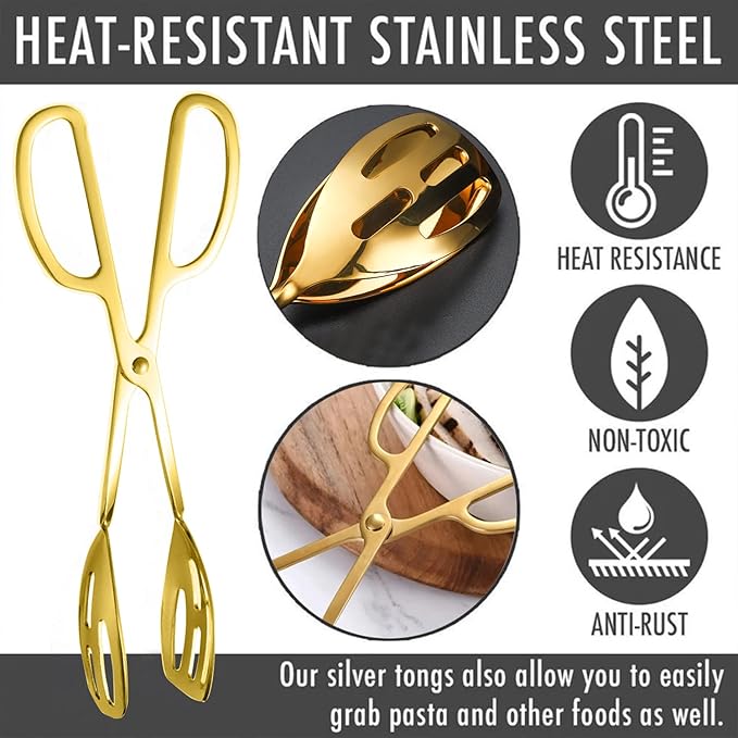2 Pack Gold Serving Tongs Buffet for Kitchen Cooking 10 Inch Stainless Steel Salad Tongs Serving Utensils for Wedding Party Catering (Gold)