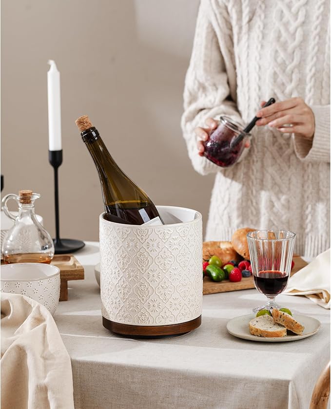 Kitchen Utensil Holder, 360° Rotating Extra Large Ceramic Utensil Holder with Embossed Pattern, 7.3” Cooking Utensil Crocks for Kitchen Countertop, Home Decor, Off-White