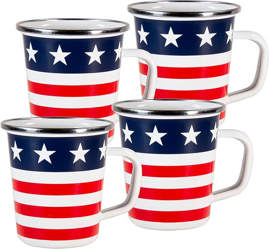 Golden Rabbit Enamelware Latte Coffee or Tea Mugs, 16 ounce, Stars & Stripes, Set of 4