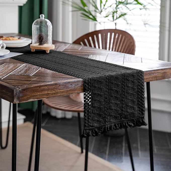 Macrame Table Runner Pure Black Boho Table Runners with Tassels Hand Woven Cotton Table Runner Rustic Farmhouse Table Runners for Bohemian Kitchen Dining Table(12x71in)