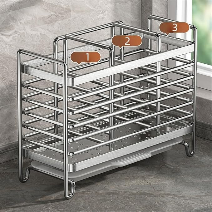 Stainless Steel Wall Mounted Utensil Holder and Countertop Drying Rack with Drain Tray for Kitchen Forks Spoons Chopsticks Silver 3 Compartments(3 Compartments)