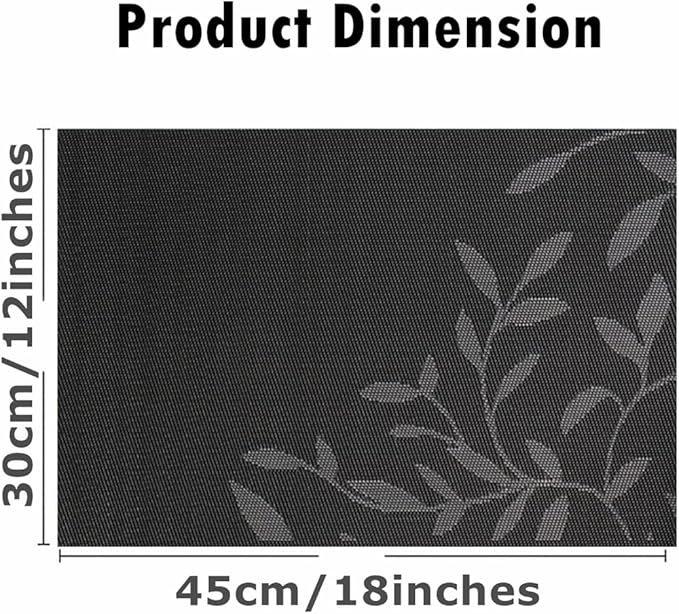 Placemats, Placemats for Dining Table Set of 4, Kitchen Table Mats Heat-Resistant Non-Slip Washable PVC Woven Vinyl Place Mats for Dining Room Table Decoration (Set of 6, Black Leaf)
