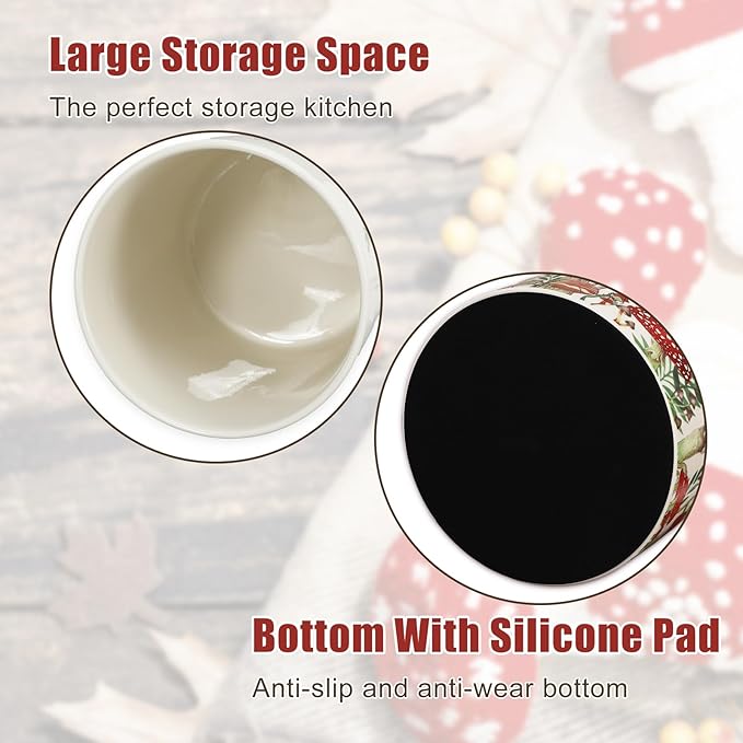 JarThenaAMCS Vintage Mushroom Ceramic Utensil Holder Watercolor Mushroom Moon Utensil Crock for Home Kitchen Countertop Storage Organizer Container