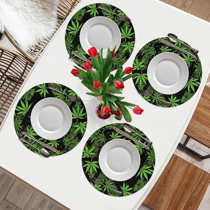 Round Placemats Set of 6, Green Marijuana Leaves Triangle Woven Placemats Mats Non-Slip Heat Resistant Washable Table Mats Round Braided Place for Farmhouse Kitchen Dining Party Decor 15in
