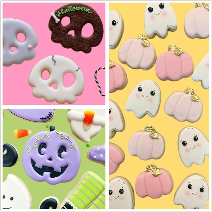 Halloween Cookie Cutters, 6Pcs Cookie Cutters Holiday Shapes Molds Pumpkin, Ghost, Spider Web, Bat, Cat Head, Skull Cookie Cutters with Decorating Instructions