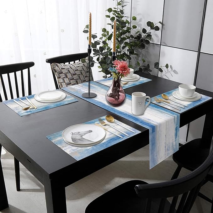 Emvency Navy Blue White Abstract Table Runner and Placemats Set of 6,Vintage Retro Painting Watercolor Modern Art Dining Decor for Daily Use(1 Table Runner 72 inches Long and 6 Placemats)