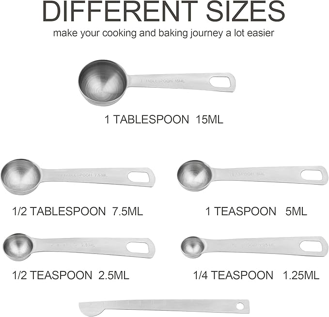 Stainless Steel Measuring Cups and Spoons Set, 18/8(304) Steel Material Heavy Duty 5 Measuring cups and 5 Measuring Spoons 1 Leveler and 2 rings Pack 13pcs Per set