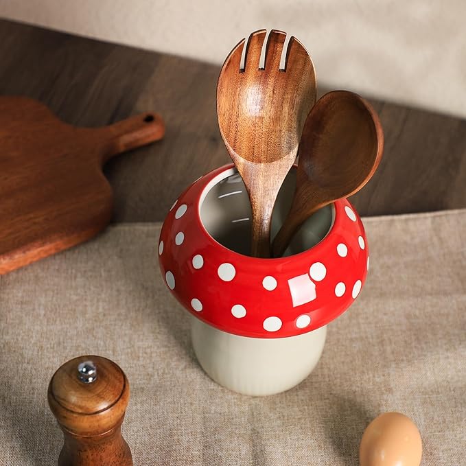 Mushroom Shaped Ceramic Kitchen Utensil Holder, Large Cooking Utensil Crocks for Kitchen Countertop, Ceramic Utensil Organizer for Spatula, Kitchen, Home Decoration-Red